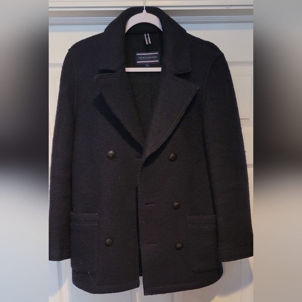 $249 Women's Navy Blue Tommy Hilfiger Size Small Textured Virgin Wool Blend Coat